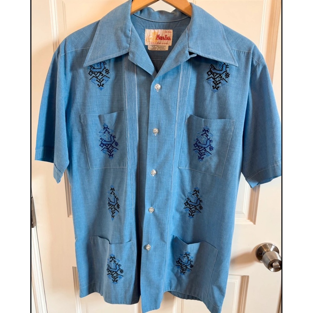 Vintage Mexican Button Shirt Men Large 16.5 Blue Loop Collar Birds Embroidered